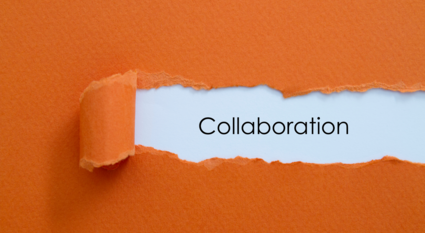 Collaboration is spelled out on an orange background